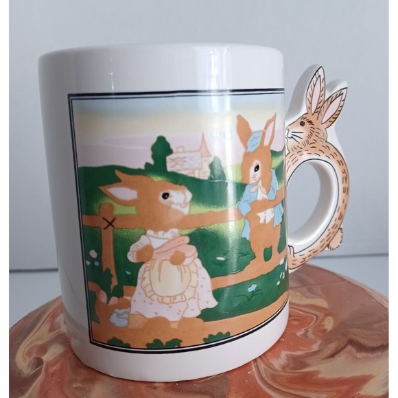 VTG Easter Mug Cup Anthropomorphic Bunny Rabbit Handle Easter Scene ArtMark - Picture 3 of 9